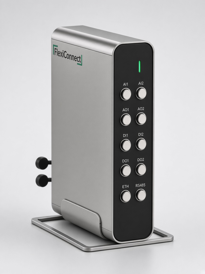 FlexiConnect laboratory controller in satin SS304 with black front panel, CAD concept